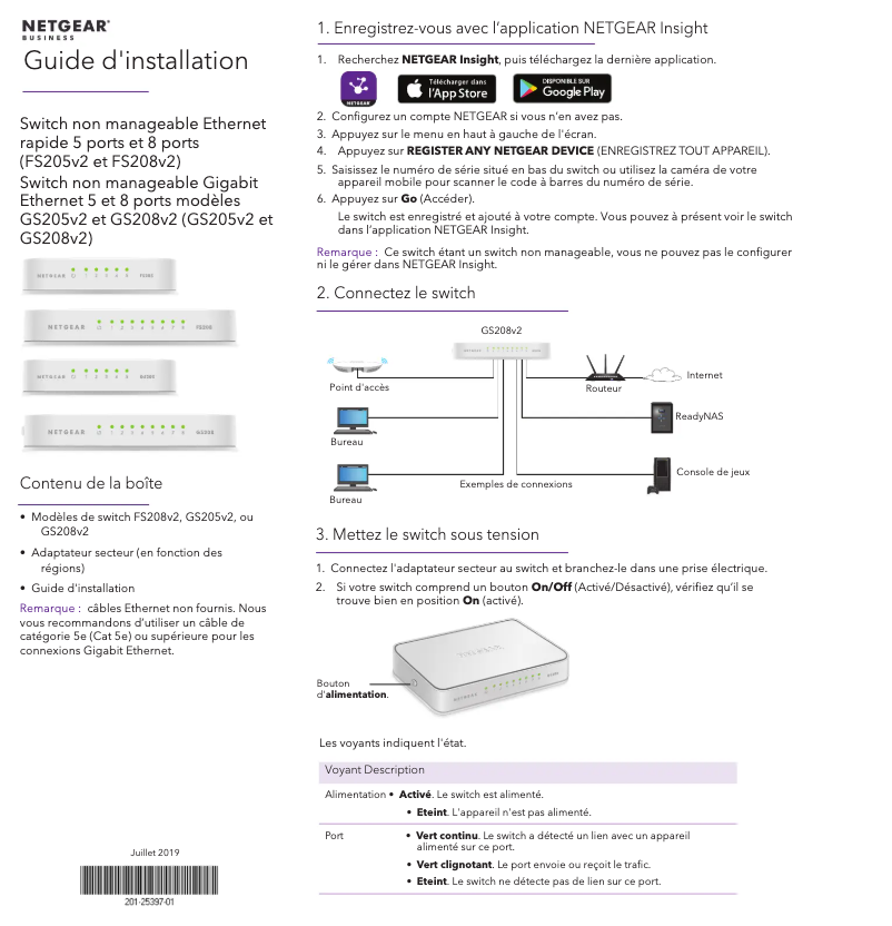 Page 1 de la notice Guide d'installation Netgear FS205v2