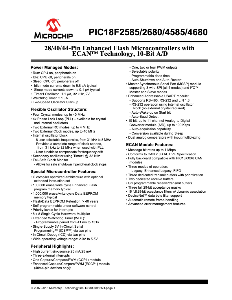Página 1 del manual Ficha técnica Microchip PIC18F2585