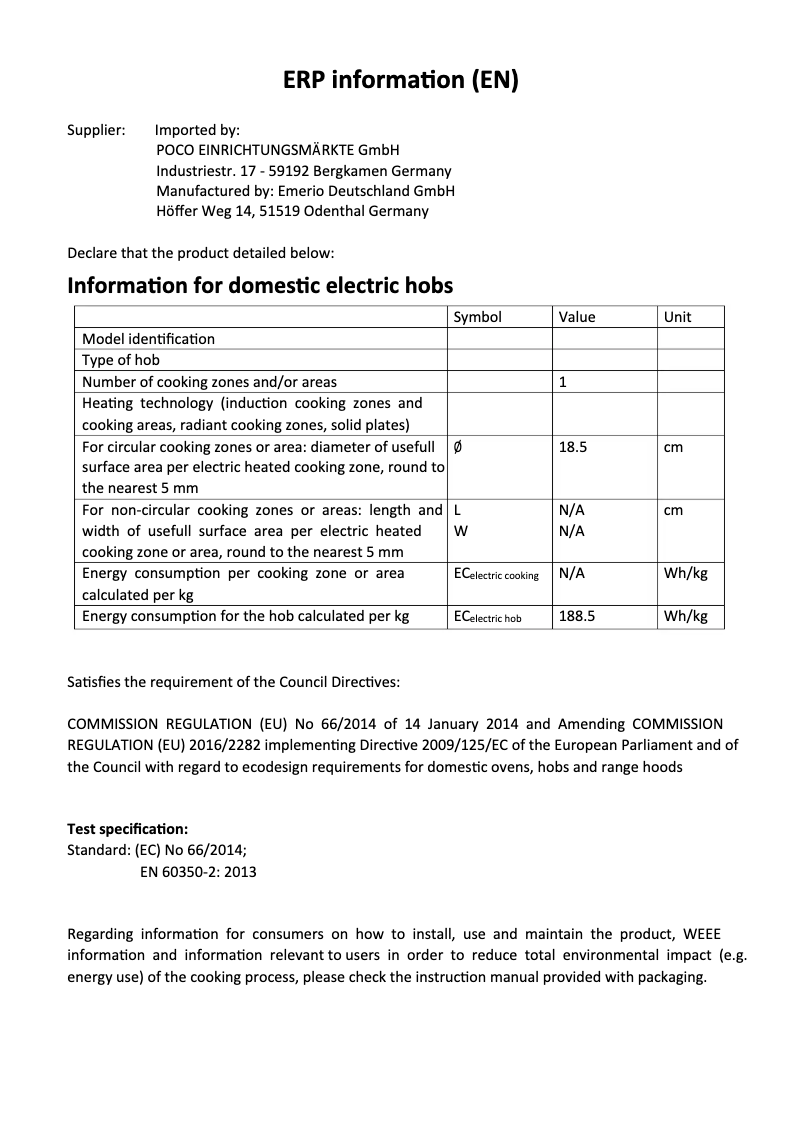 Page 1 de la notice Fiche technique Emerio HP-121241.1