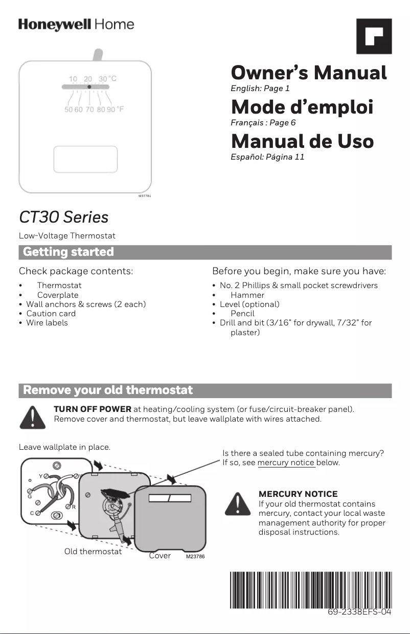 Page n°1 - Manuel utilisateur Honeywell CT31A1003/E