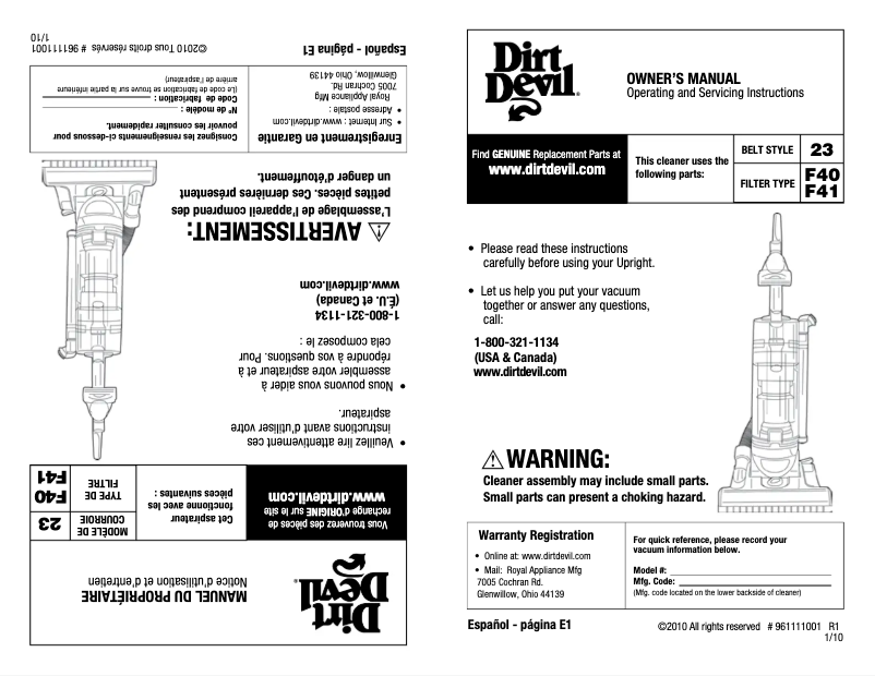 Page 1 de la notice Manuel utilisateur Dirt Devil Power Reach UD70095