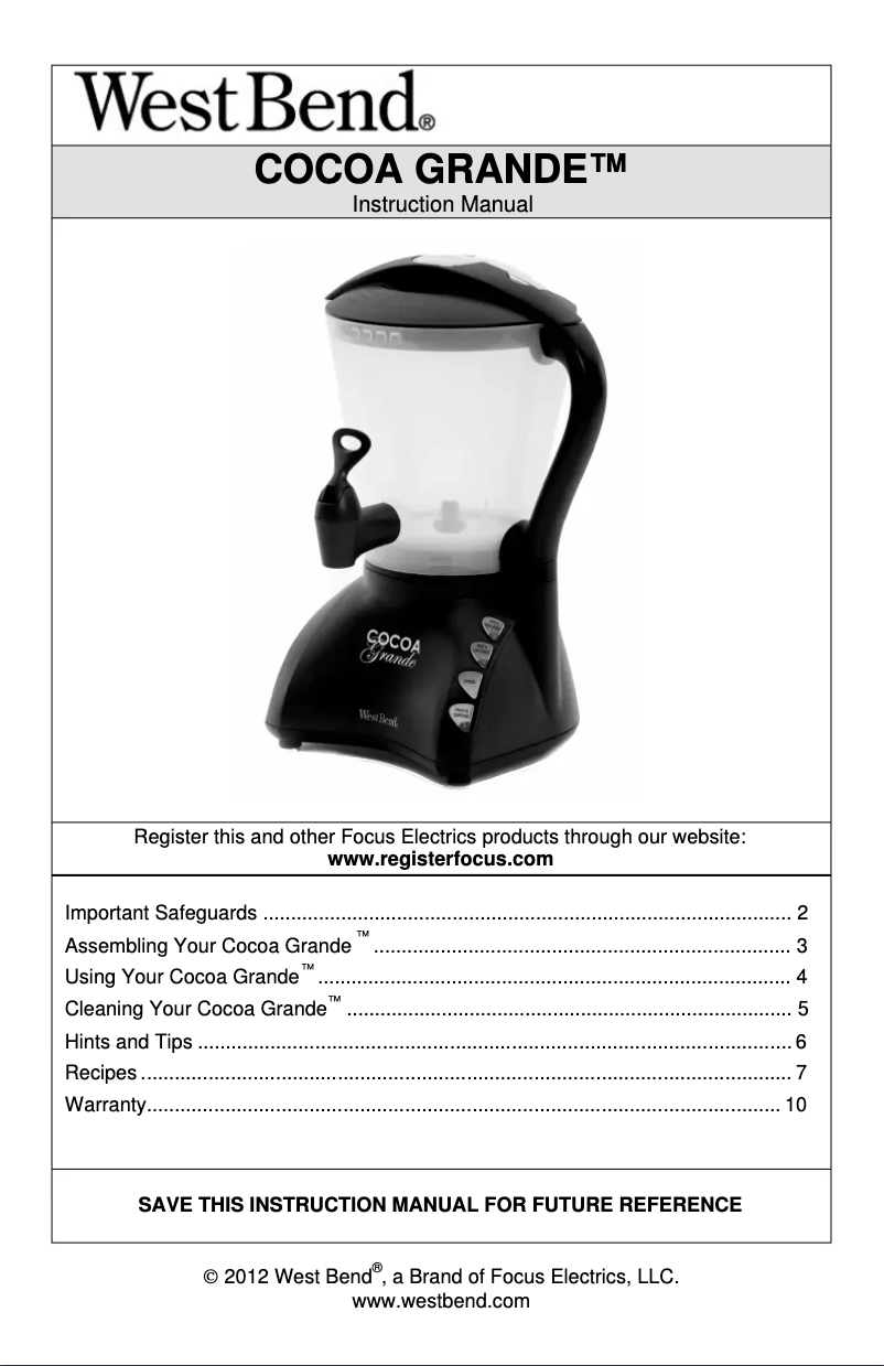 Page n°1 - Manuel utilisateur WestBend Cocoa Grande CL400BG