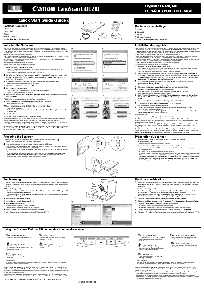 Page 1 de la notice Guide de démarrage rapide Canon CanoScan LiDE 210