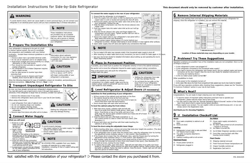 Page 1 de la notice Guide d'installation Frigidaire FSC23F7HW
