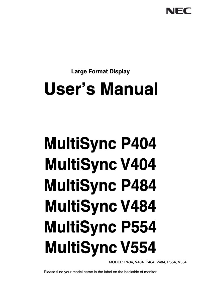 Page 1 de la notice Manuel utilisateur NEC MultiSync P484 SST