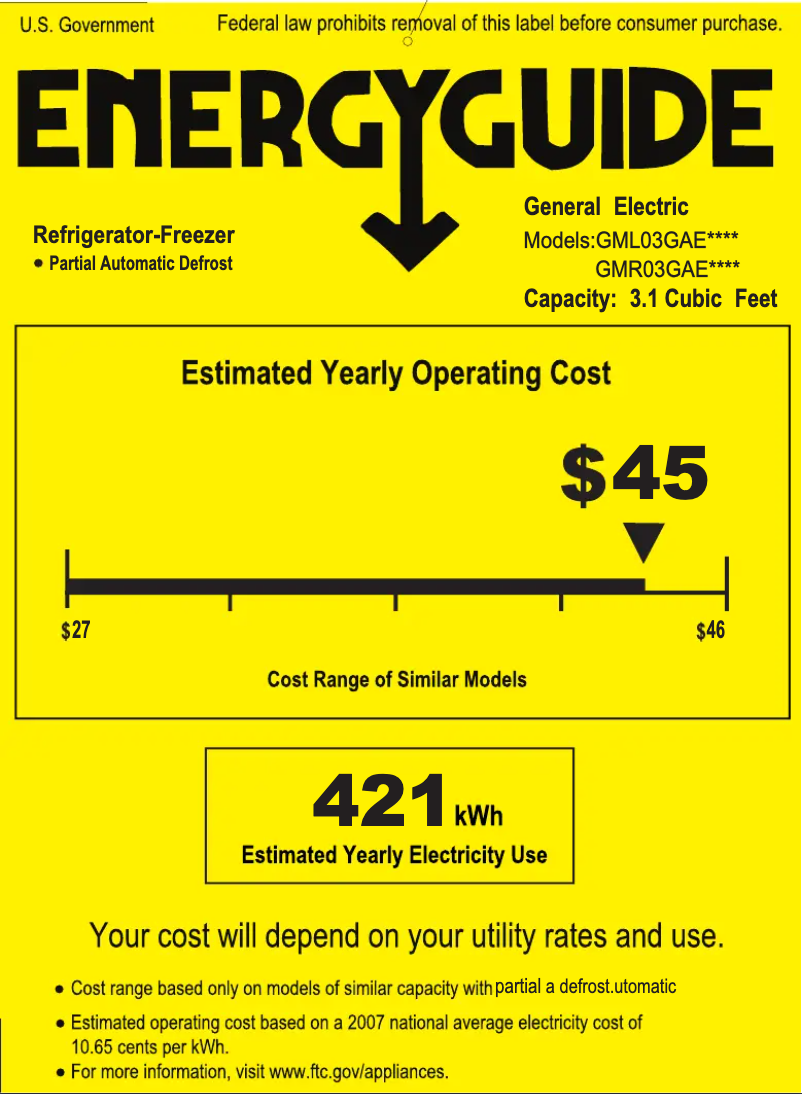 Page 1 de la notice Label énergétique GE GMR03GAEBB