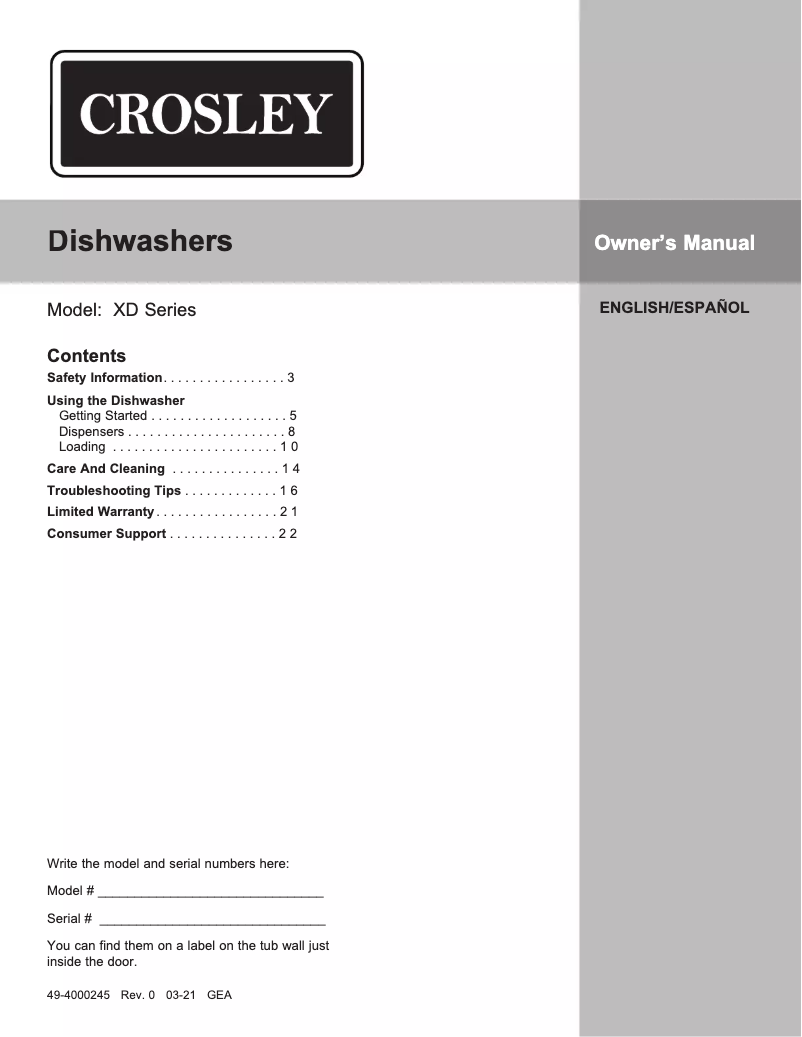 Page n°1 - Manuel d'utilisation et d'entretien Crosley XDF350PGRWW