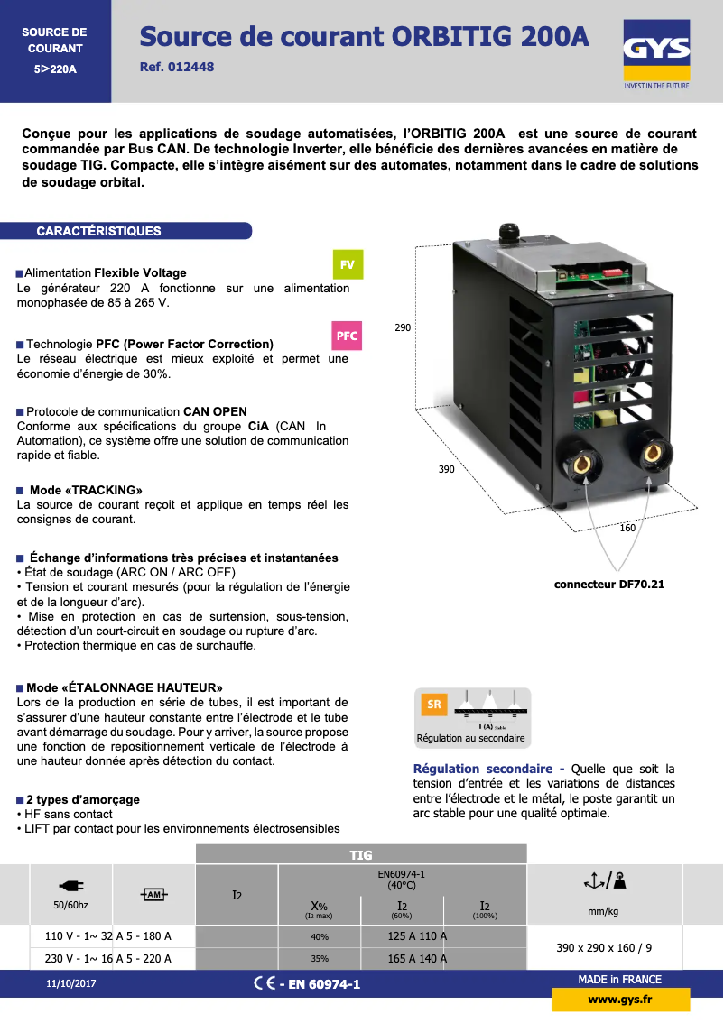 Page n°1 - Fiche technique GYS Orbitig 200 A