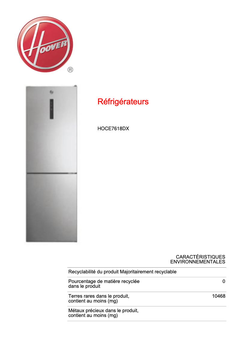 Page n°1 - Fiche technique Hoover HOCE7618DX