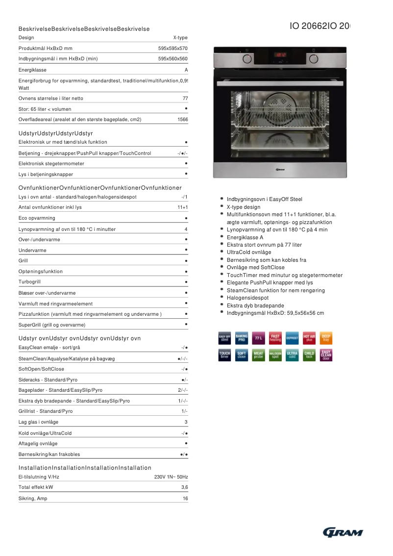Page 1 de la notice Fiche technique Gram IO 20662-92 X