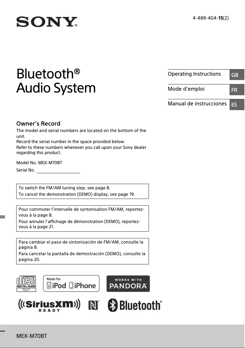 Image de la première page du manuel de l'appareil MEX-M70BT