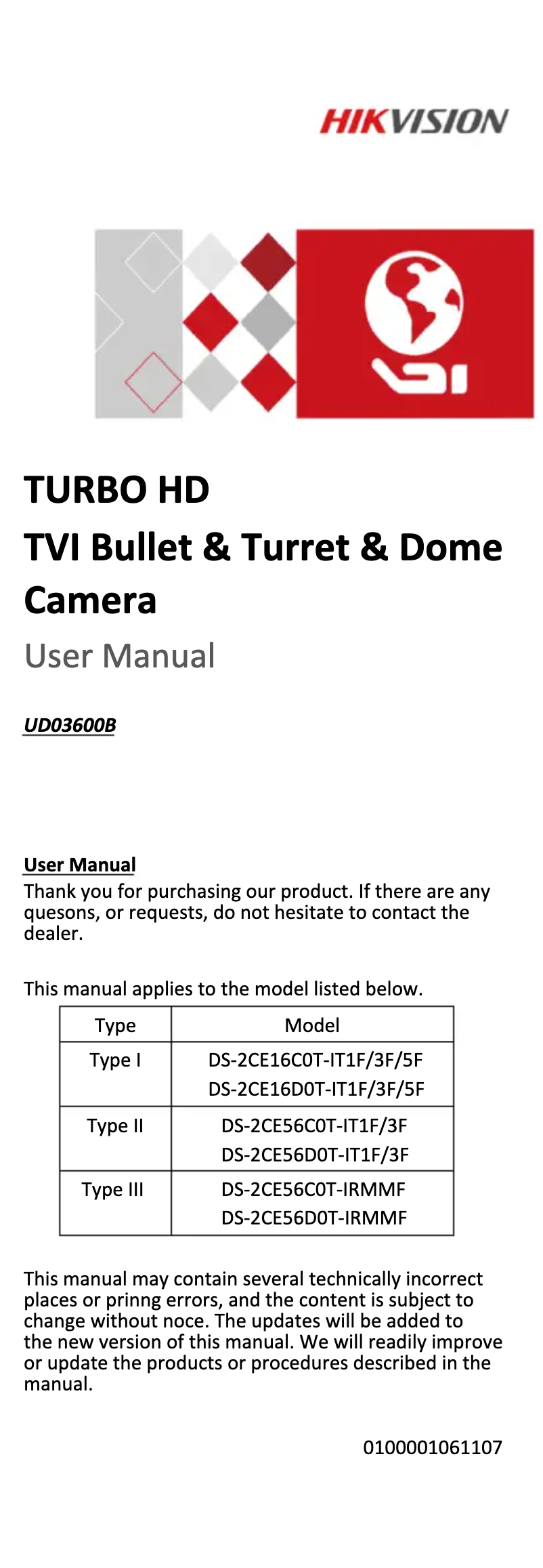Page 1 de la notice Manuel utilisateur Hikvision DS-2CE16D0T-IT5F