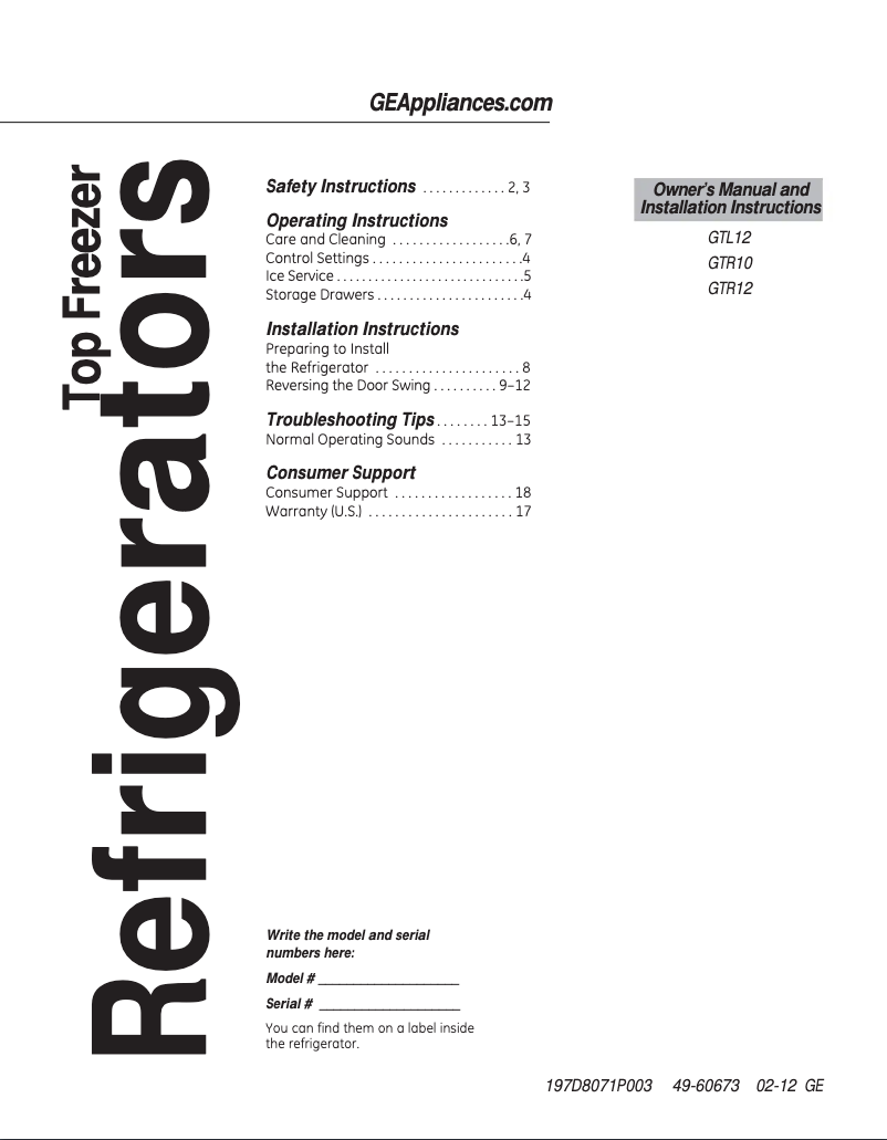 Page n°1 - Manuel d'utilisation et d'entretien GE GTR12HBDWW