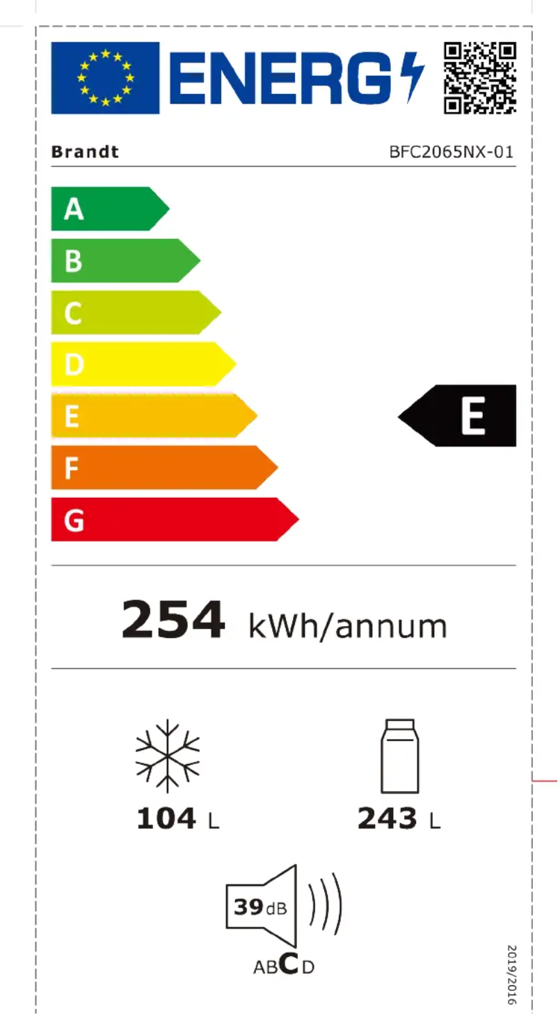 Page 1 de la notice Label énergétique Brandt BFC2065NX