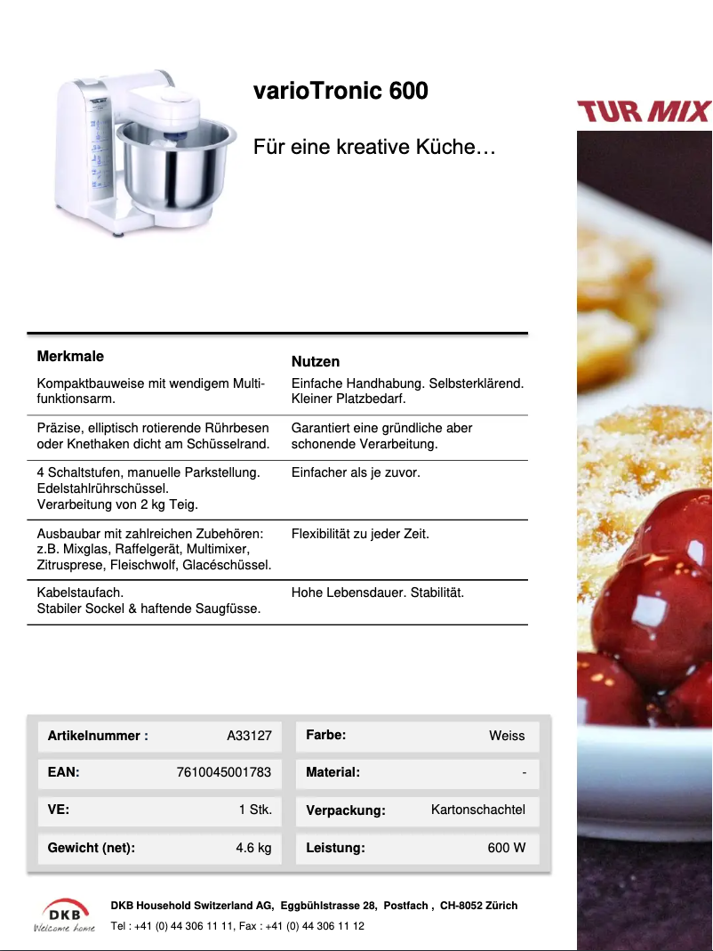 Page n°1 - Fiche technique Turmix VarioTronic 600 A33127
