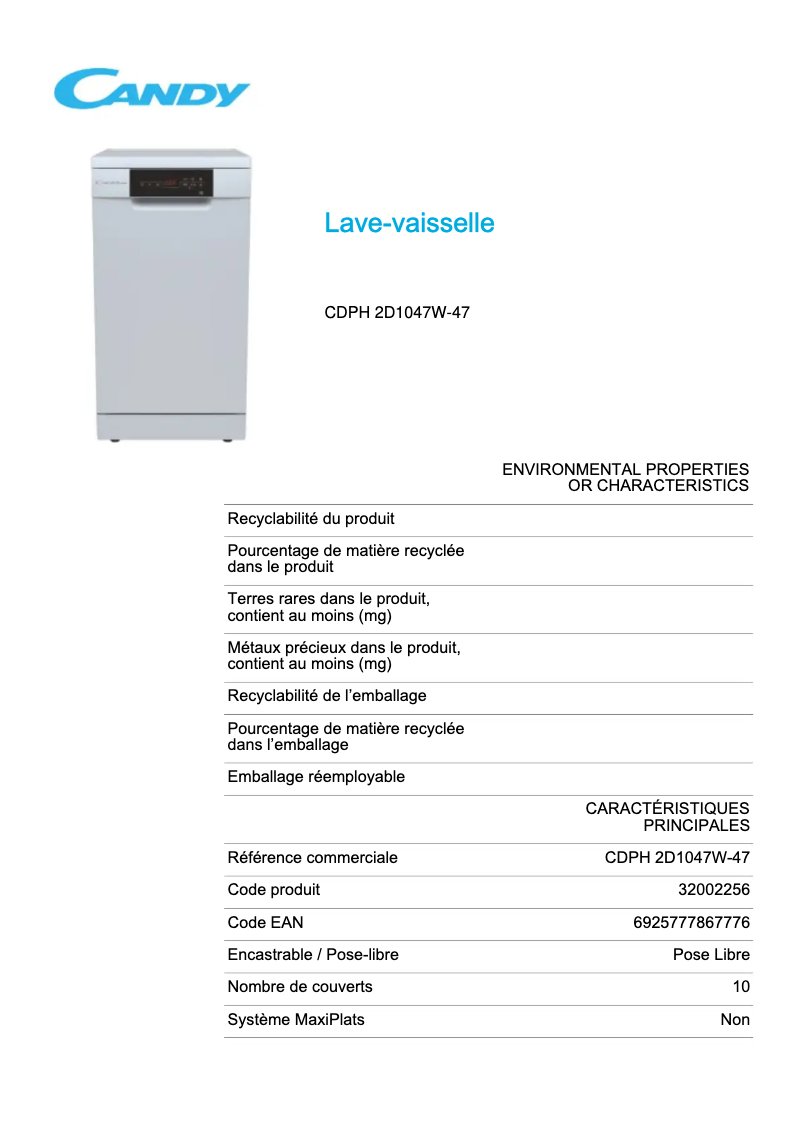 Image de la première page du manuel de l'appareil CDPH 2D1047W