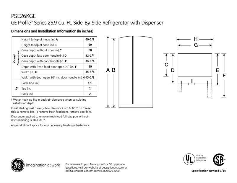 Página 1 del manual Ficha técnica GE Profile PSE26KWW