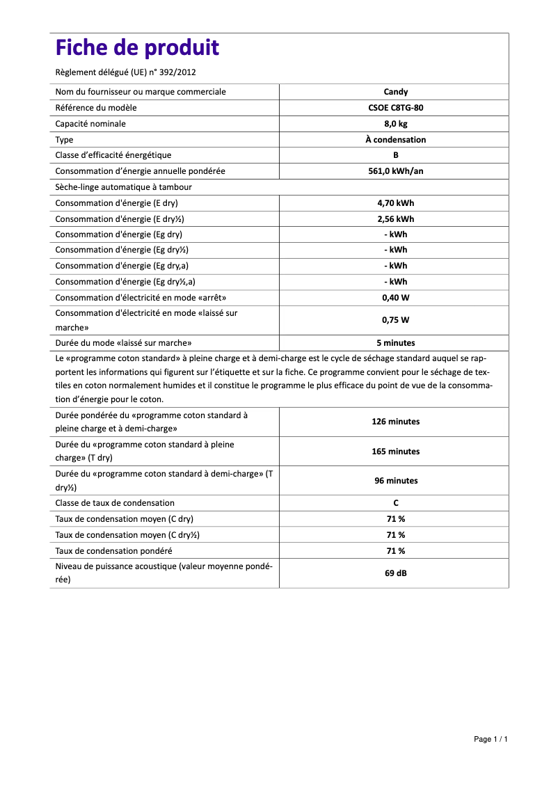 Page 1 de la notice Fiche technique Candy CSOE C8TG-80