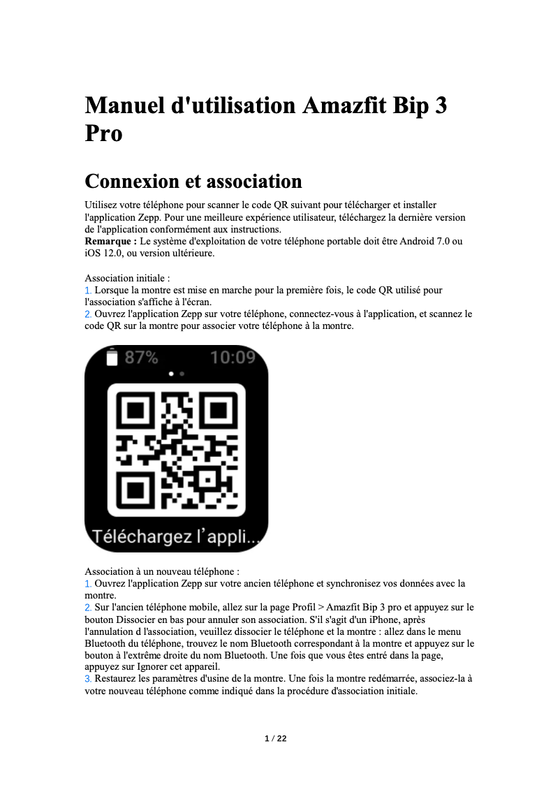 Page 1 de la notice Manuel utilisateur Amazfit Bip 3 Pro