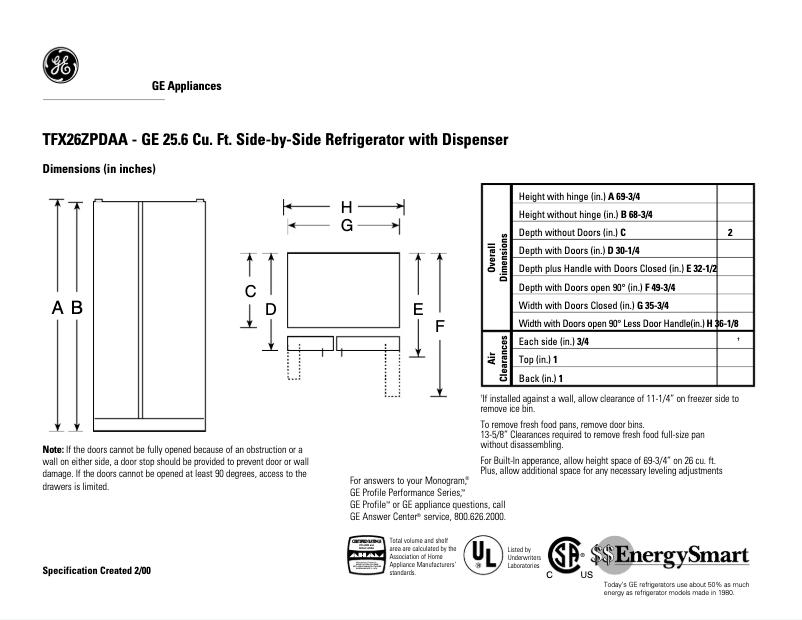 Page n°1 - Fiche technique GE TFX26ZPDAA
