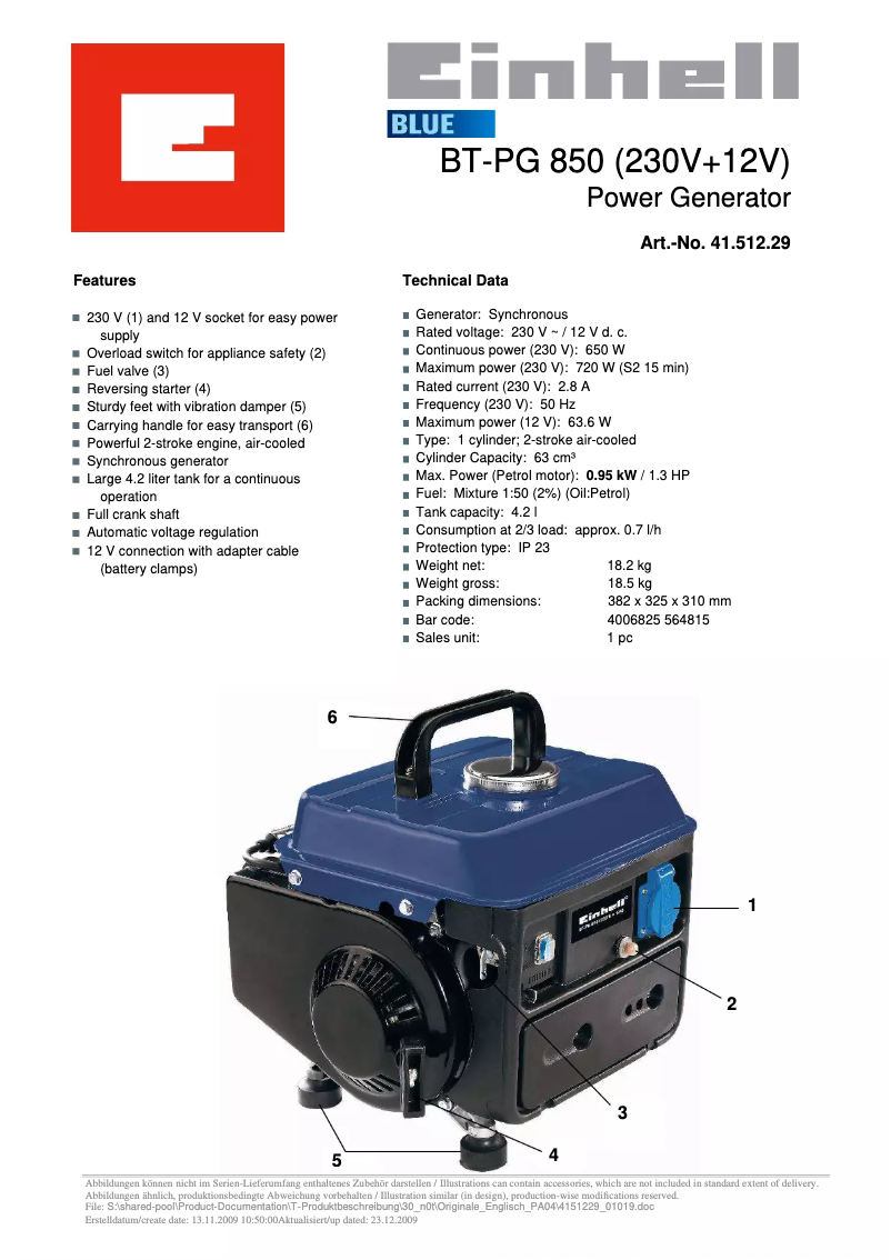 Page n°1 - Manuel utilisateur Einhell BT-PG 850