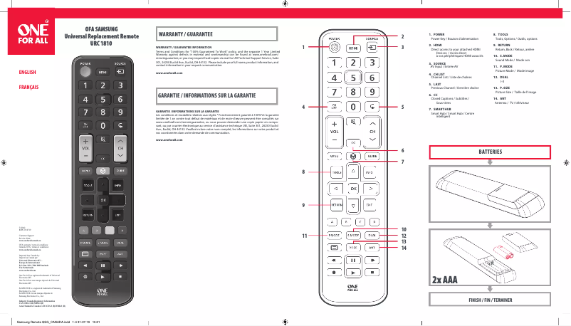 Page n°1 - Manuel utilisateur One for all URC 1810