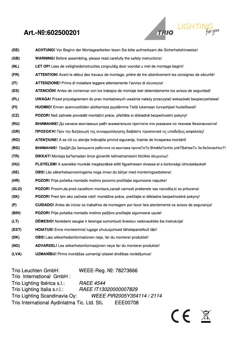 Page n°1 - Manuel utilisateur Trio Lighting Signa 602500201