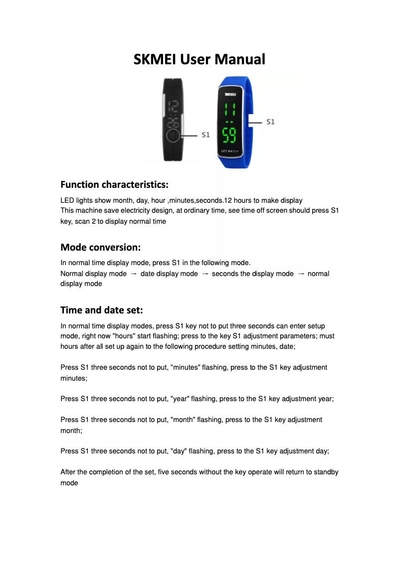 Page 1 de la notice Manuel utilisateur Skmei 1099