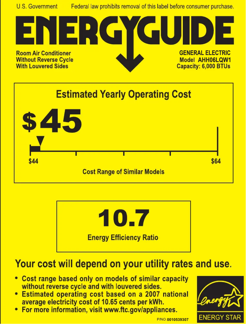 Page 1 de la notice Label énergétique GE AHH06LQ