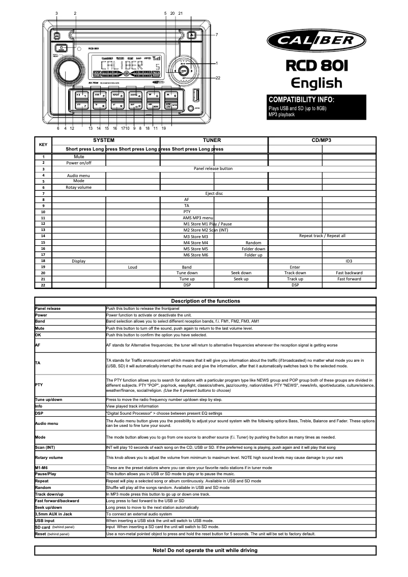 Page 1 de la notice Manuel utilisateur Caliber RCD 801