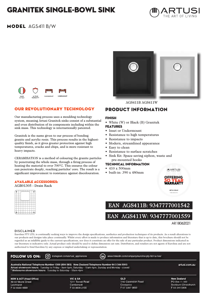 Page 1 de la notice Fiche technique Artusi AGS411W