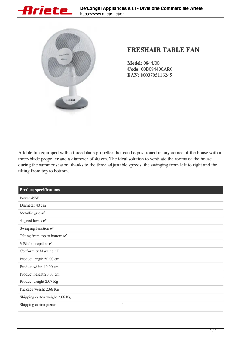 Página 1 del manual Ficha técnica Ariete FreshAir 0844