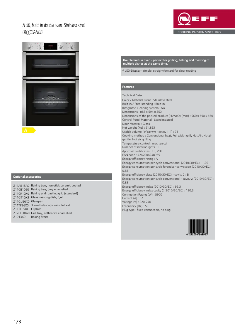Page 1 de la notice Fiche technique Neff U1CCC3AN0B