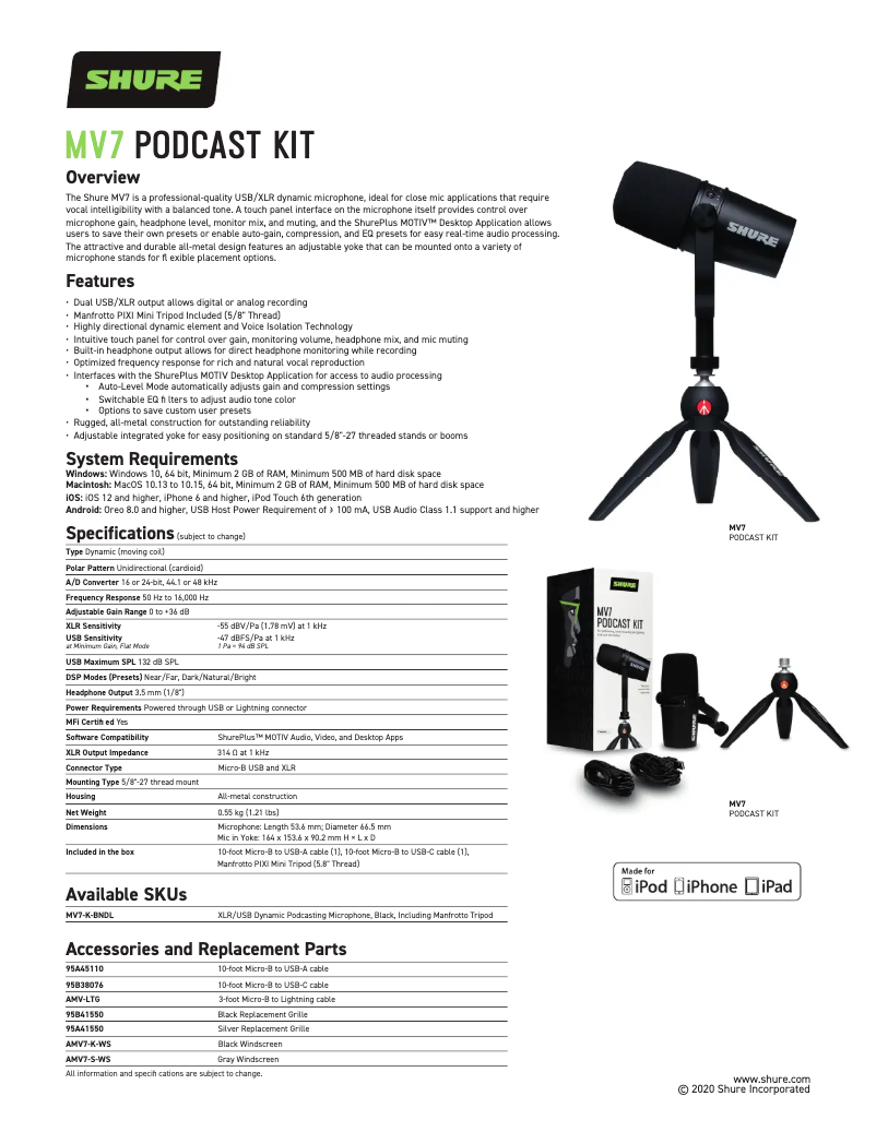 Page n°1 - Fiche technique Shure MV7