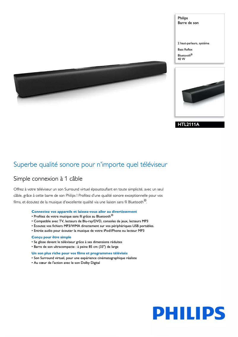 Page 1 de la notice Fiche technique Philips HTL2111A