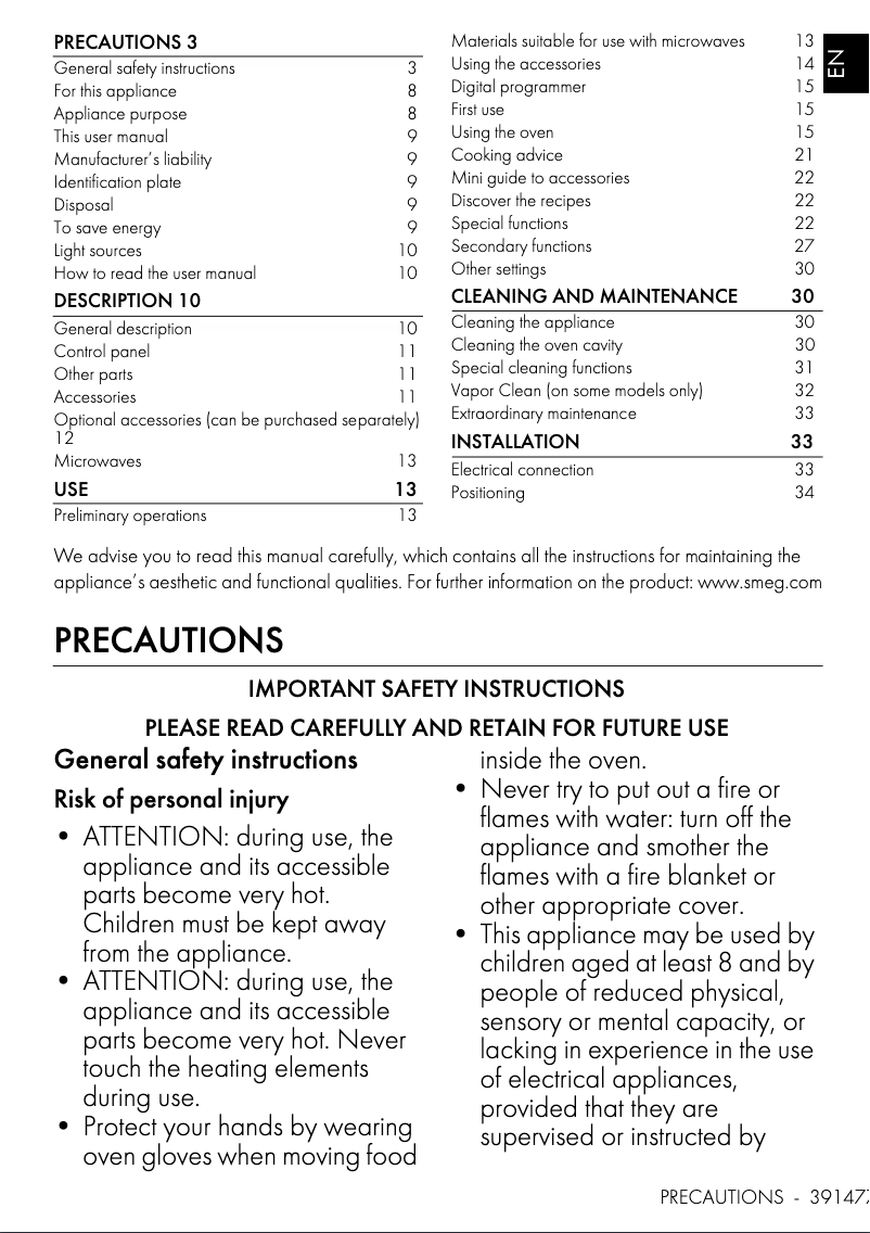 Page 1 de la notice Manuel utilisateur Smeg SOA4302M1