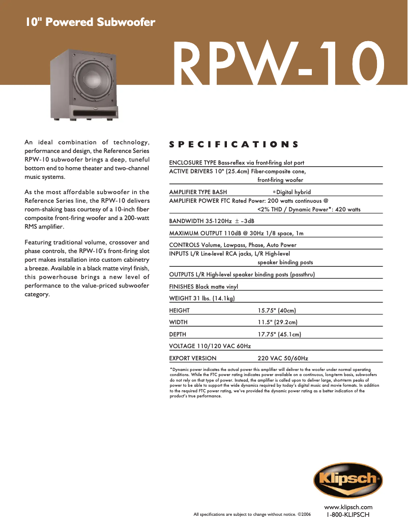 Page n°1 - Fiche technique Klipsch RPW-10