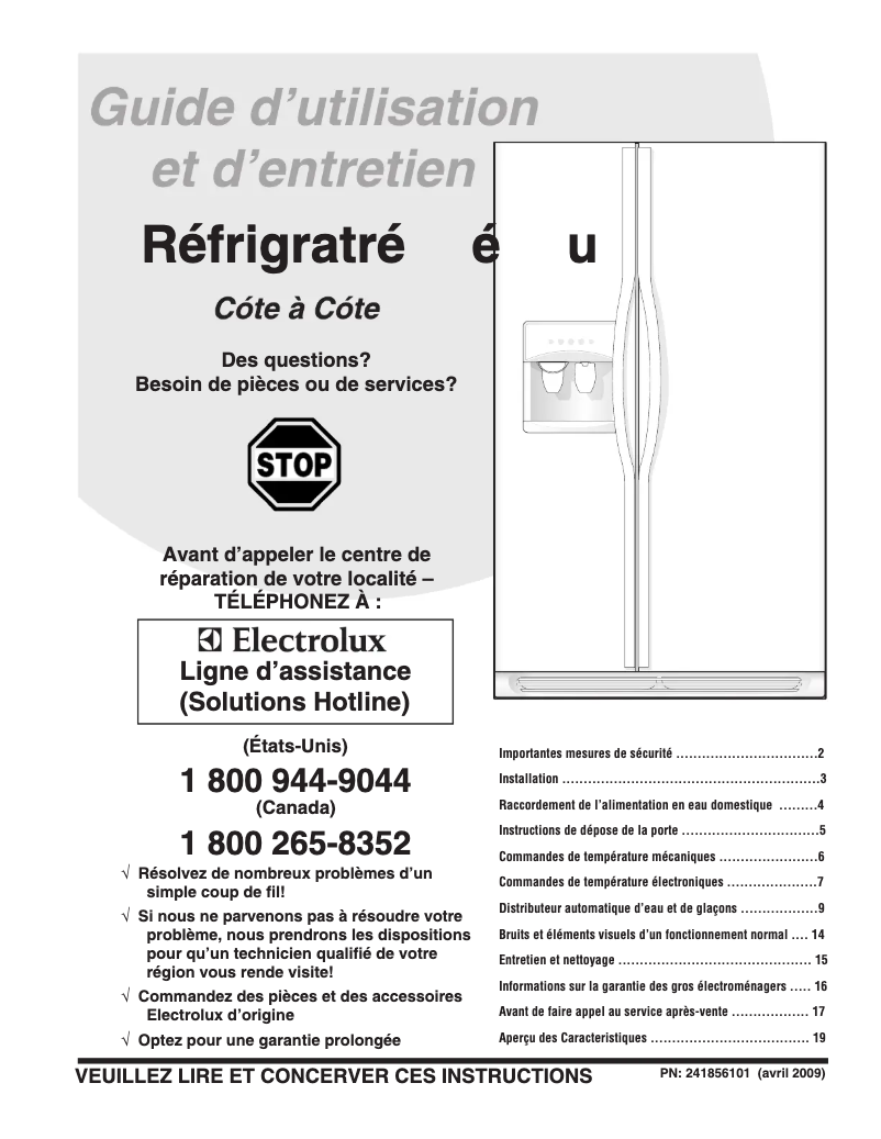 Page 1 de la notice Manuel utilisateur Frigidaire FRS3HR35KM