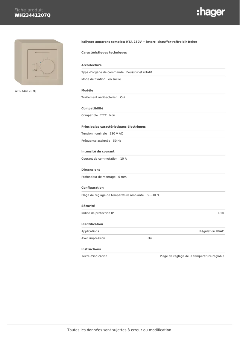 Page n°1 - Fiche technique Hager WH23441207Q