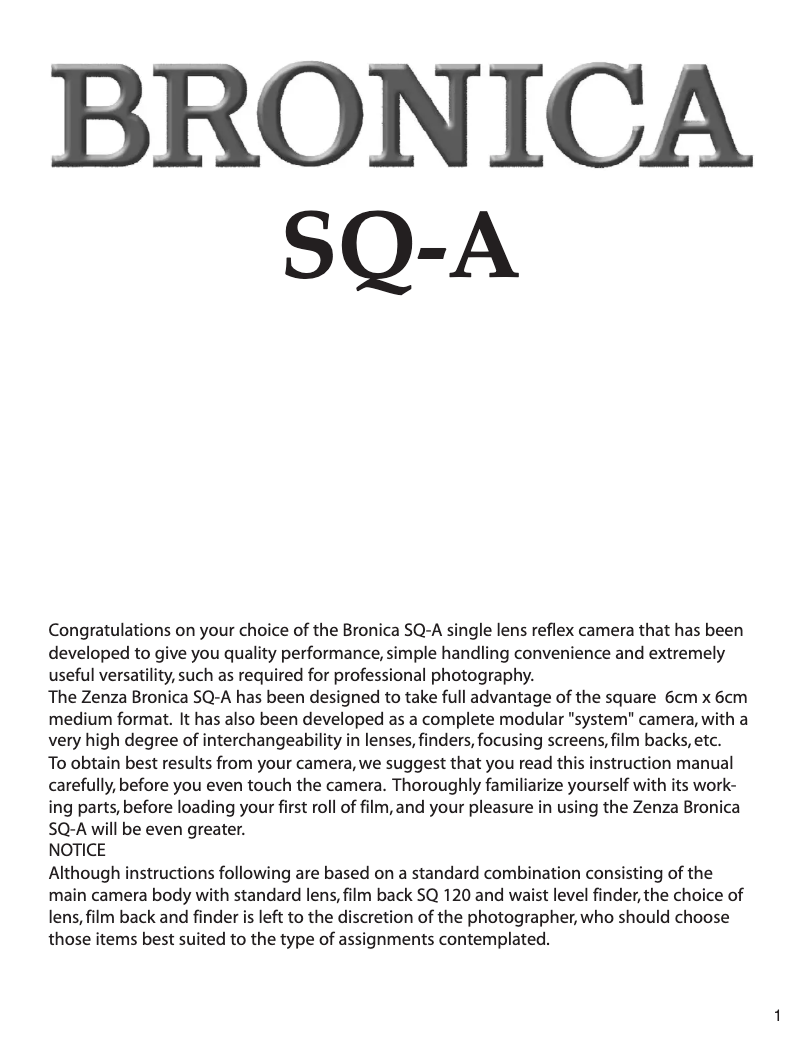 Page n°1 - Manuel utilisateur Zenza Bronica SQ-A