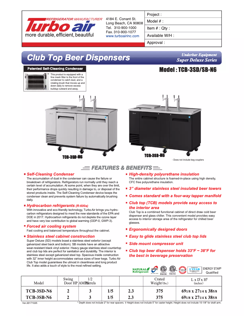 Page 1 de la notice Fiche technique Turbo air TCB-3SD