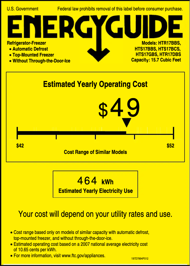 Page 1 de la notice Label énergétique Hotpoint HTS17BBSRWW