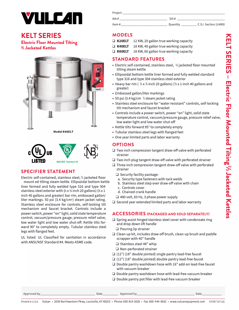 Page 1 de la notice Fiche technique Vulcan K60ELT