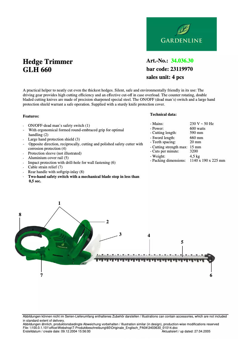 Page 1 de la notice Fiche technique Gardenline GLH 660