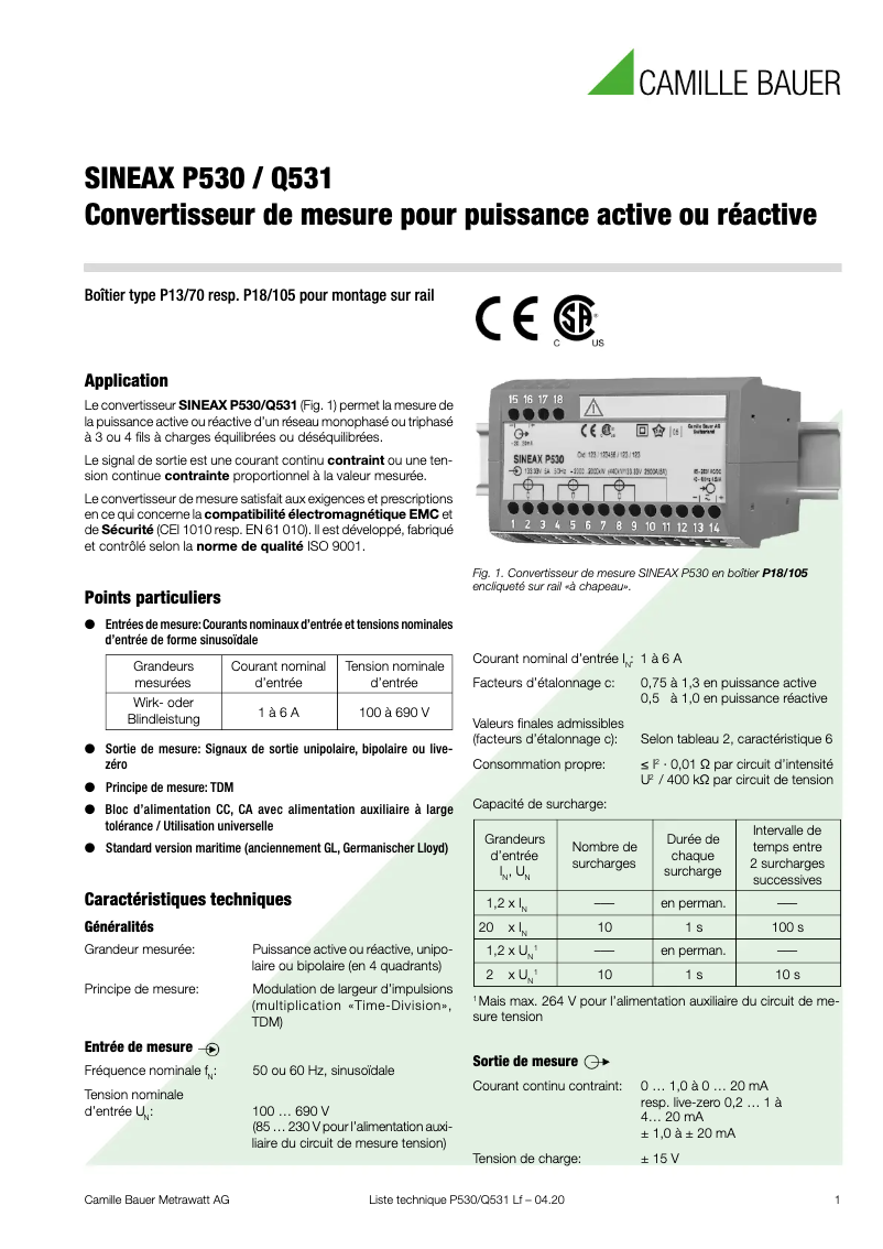 Page n°1 - Fiche technique Camille Bauer SINEAX Q531