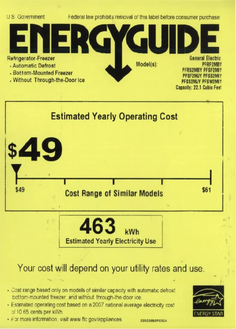 Page n°1 - Label énergétique GE Profile PFSF2MIYWW