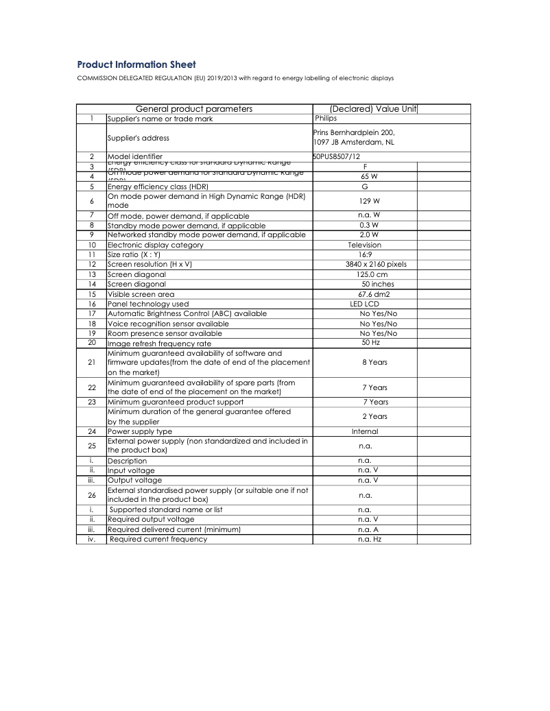Page 1 of the manual Technical Sheet Philips 50PUS8507