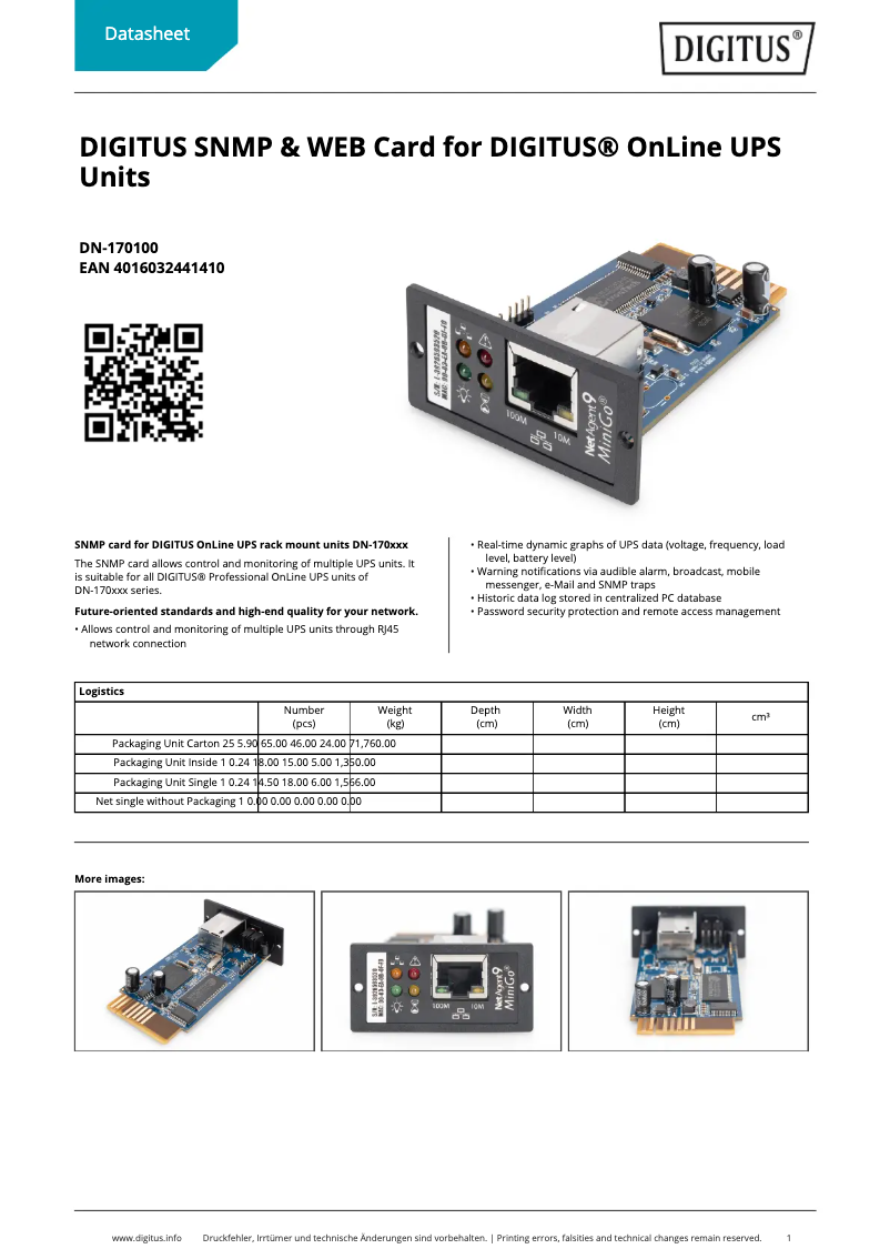 Page 1 de la notice Fiche technique Digitus DN-170100