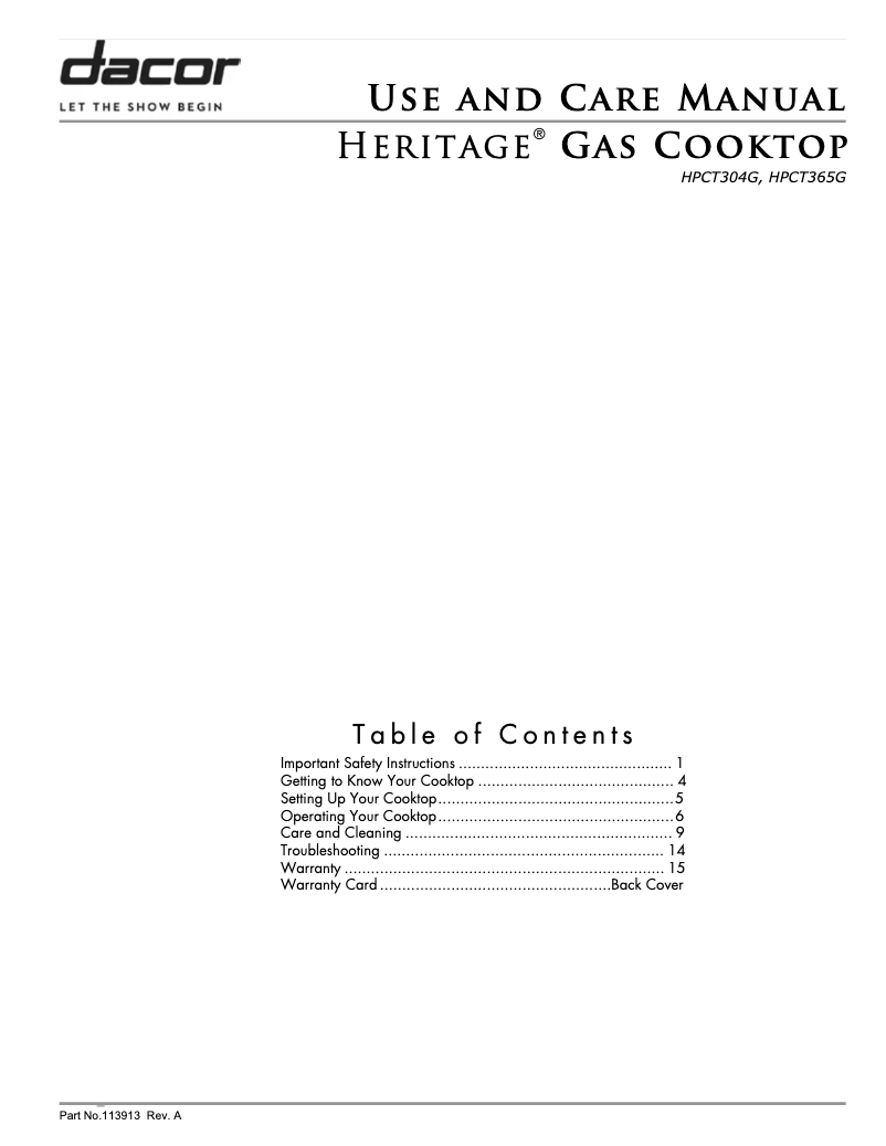 Page n°1 - Manuel d'utilisation et d'entretien Dacor HPCT365GSLPH