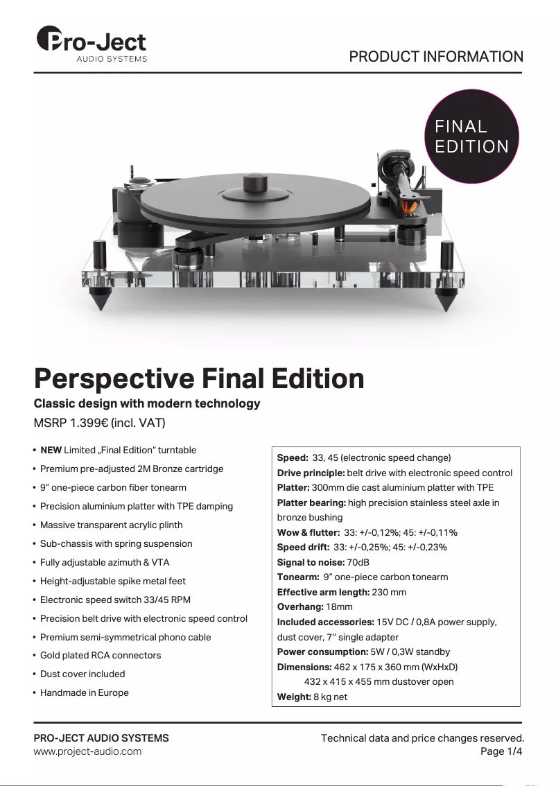 Page 1 de la notice Manuel utilisateur Pro-Ject Perspective Final Edition